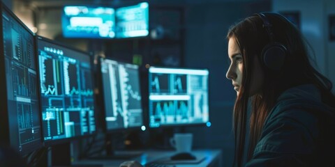 Side View of Female Hacker with Multiple Monitors, Minimal Lighting, Concentration on Complex Tasks