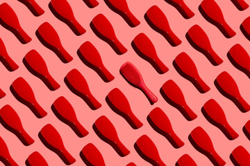 Creative layout featuring red hair brushes on pink background, repeating collage, for hair salon, beauty products, fashion-related content, trends in hair styling, sense of beauty, creativity.