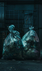 Shadowy alley with two full waste bags, emitting an eerie urban vibe.