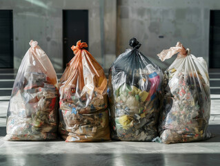 Four transparent refuse sacks filled with mixed waste on a concrete floor.