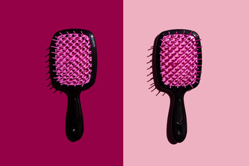 close up of a hair brush on a pink and red background, wet brush, pink and red color scheme, top view, Divided photo vibrant pink on left half, contrasted with deep burgundy on right, visual contrast - Powered by Adobe