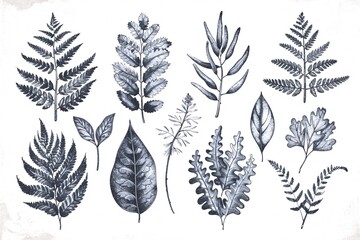 Collection of foliage. Botanical drawing. Fern gum shrub. Retro flowery backdrop. Decorative components. Separated. Monochrome.