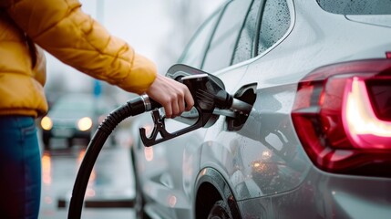 In the quiet of the refueling station, a figure attends to the white car, the sleek black nozzle a conduit of replenishment, a momentary pause in the rush of life.
