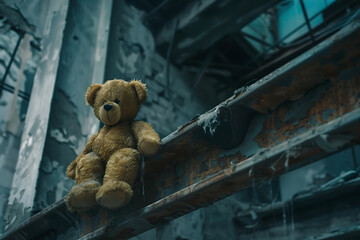 A battered teddy bear abandoned atop a jutting beam of a demolished skyscraper evokes a grungy, punk, dark, and moody aesthetic in a desolate, gritty environment illuminated by intense lighting.