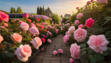 Blooming rose garden. Capturing the abundant colors and vibrant atmosphere of blooming flowers, creating a picturesque summer scene.