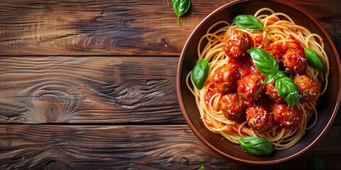 Pasta with meatballs and tomato sauce on a rustic table. - obrazy, fototapety, plakaty