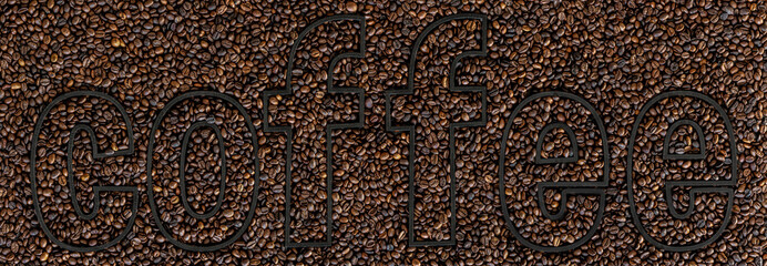 The word Coffee on a background of coffee beans scattered on the surface.