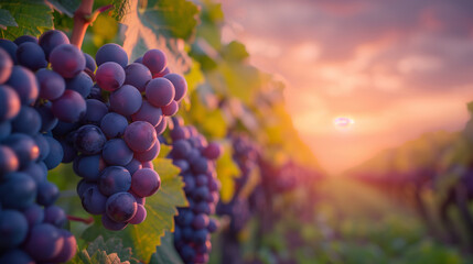 A bunch of grapes hanging from a vine. The sun is setting in the background, creating a warm and...