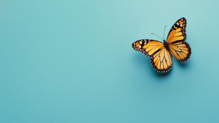 A symmetric central placement of a Monarch butterfly on a uniform blue background giving a serene...