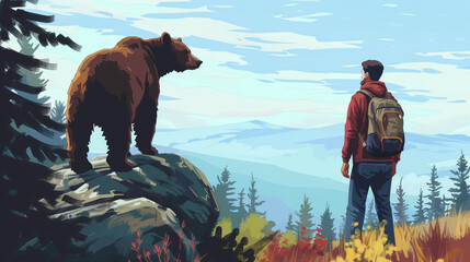 Man watching a bear from a safe distance - obrazy, fototapety, plakaty