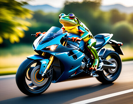 ground_vehicle, motor_vehicle, frog, motorcycle, solo, no_humans, blurry_background, open_mouth, blurry, riding, shadow