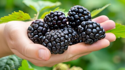 Hand holding ripe blackberries on blurred background with ample space for text placement - obrazy, fototapety, plakaty