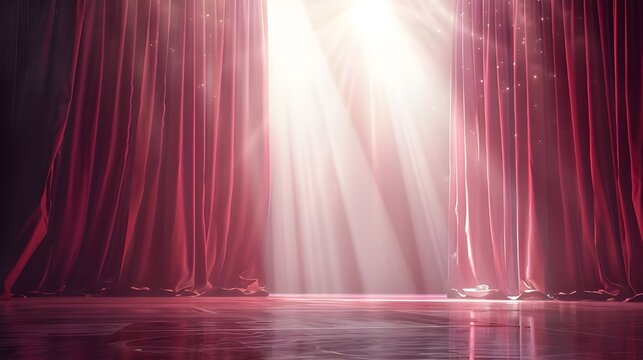  Red curtain pulled back on stage with spotlight shining.