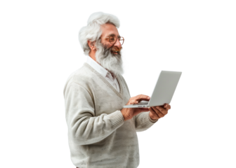 Senior Man with Laptop on Transparent BG