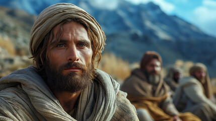 Fototapeta premium The Temptation in the Wilderness: Amidst the barren wilderness, Jesus confronts the temptations of the evil one with unwavering resolve and unshakeable faith in his Father's will.
