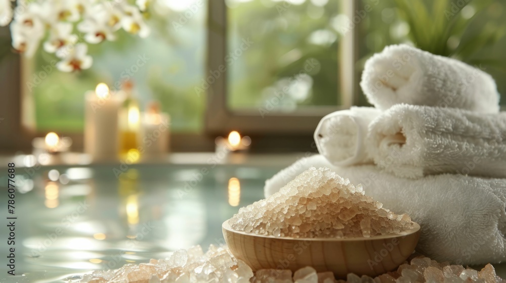 Poster tranquil spa sanctuary relaxing bath salts in a serene setting for a calming and rejuvenating experi