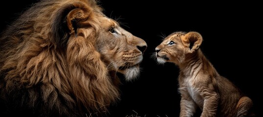 Majestic male lion and lion cub portrait with open text space, featuring object on right side - obrazy, fototapety, plakaty