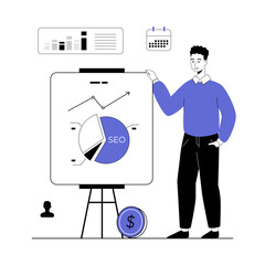 SEO budget plan. Man work with graphs and charts, statistics and infographics for successful planning. Vector illustration with line people for web design.