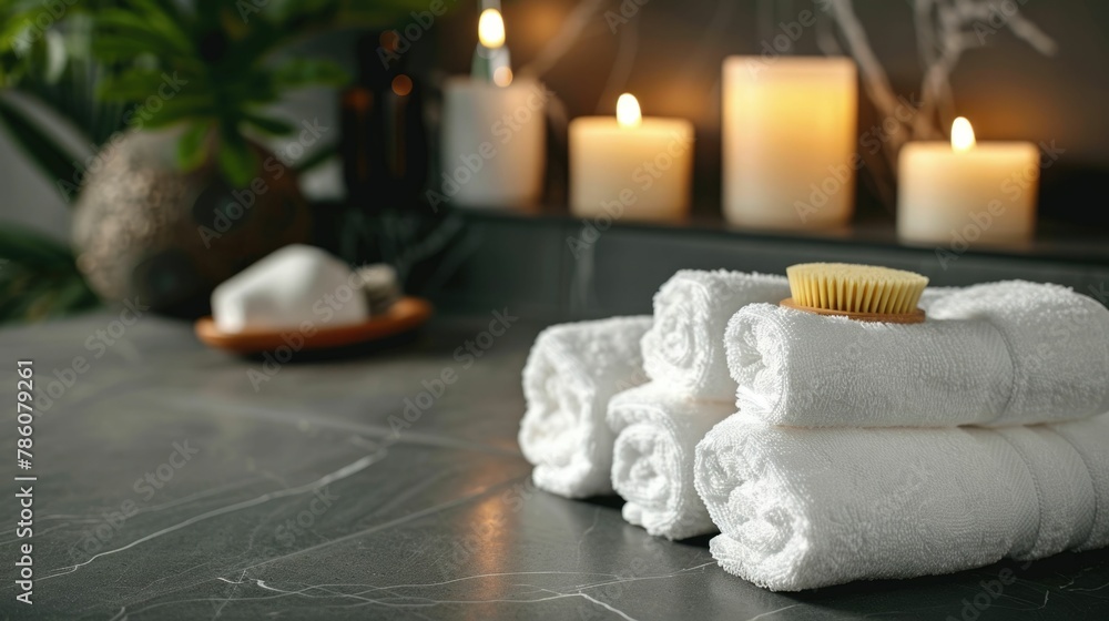 Poster plush towels and candles create serene spa like setting for relaxation and self care