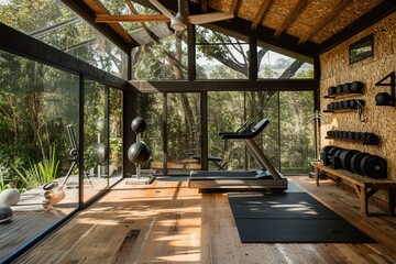 Luxurious Home Gym with Forest View and Sustainable Design