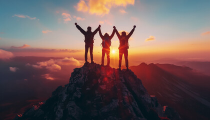 Three hikers triumphantly raise their arms atop mountain peak as sun sets behind them, casting warm glow over the majestic landscape. Active people, beauty in Nature and friendship concept. - Powered by Adobe