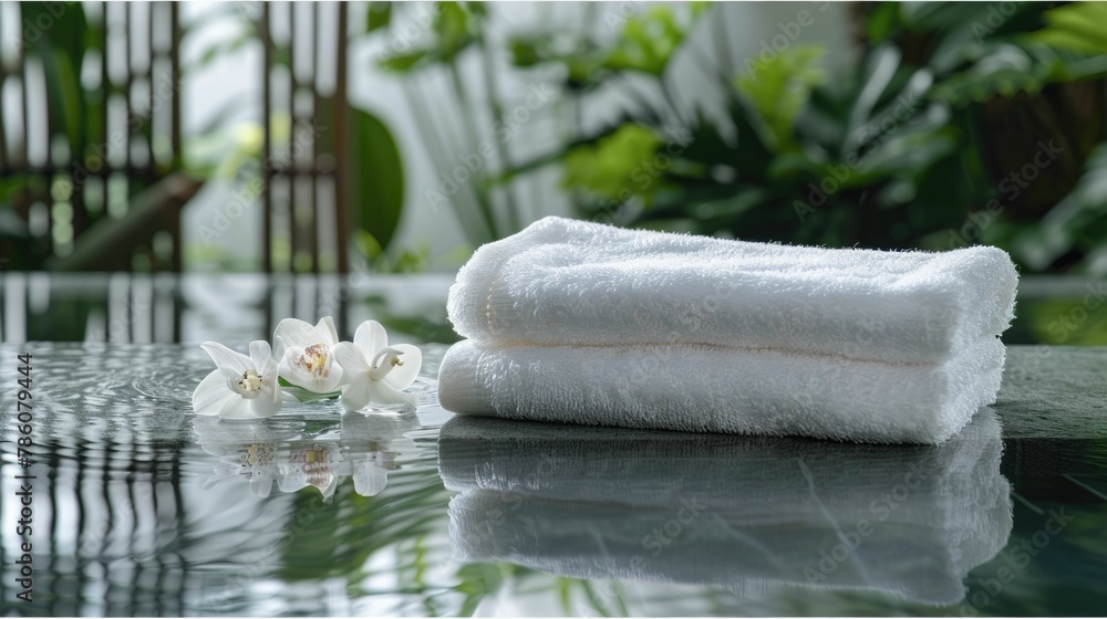Poster soft and plush towel reflecting in a serene spa like setting with lush greenery