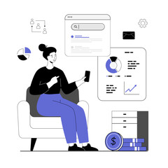 SEO marketing budget. Calculation of costs for website promotion. Company development, income and expense assessment, budgeting. Vector illustration with line people for web design. - obrazy, fototapety, plakaty