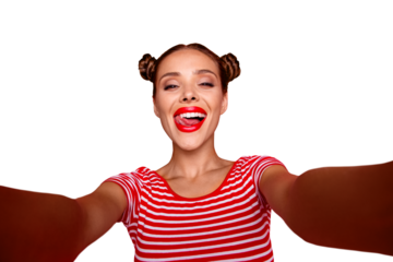 Self portrait of happy pretty positive girl shooting selfie on front camera with two hands having video-call with friend isolated on red background. Joy fun concept