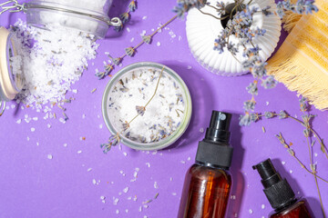 Cosmetics with lavender oil and flowers