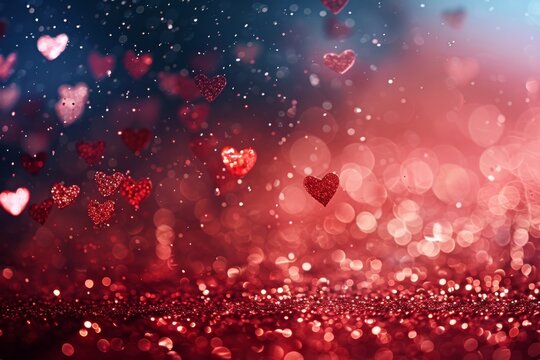 Pink or red background with hearts and bokeh lights, Romantic backdrop with place for text, raster version. High quality photo