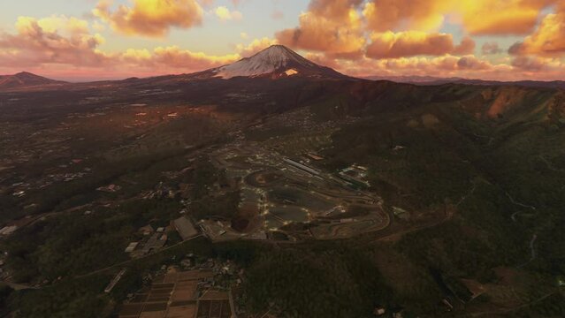 Sunset aerial view of the Fuji Speedway circuit in Oyama - Shizuoka Prefecture. Japan