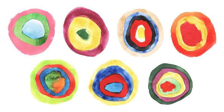 Abstract mosaic pattern circles. Kandinsky style colorful round figures. Hand painted watercolor