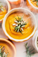 Pumpkin soup with rosemary and seeds in an orange bowl