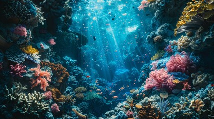 Underwater coral reef with many tropical fish
