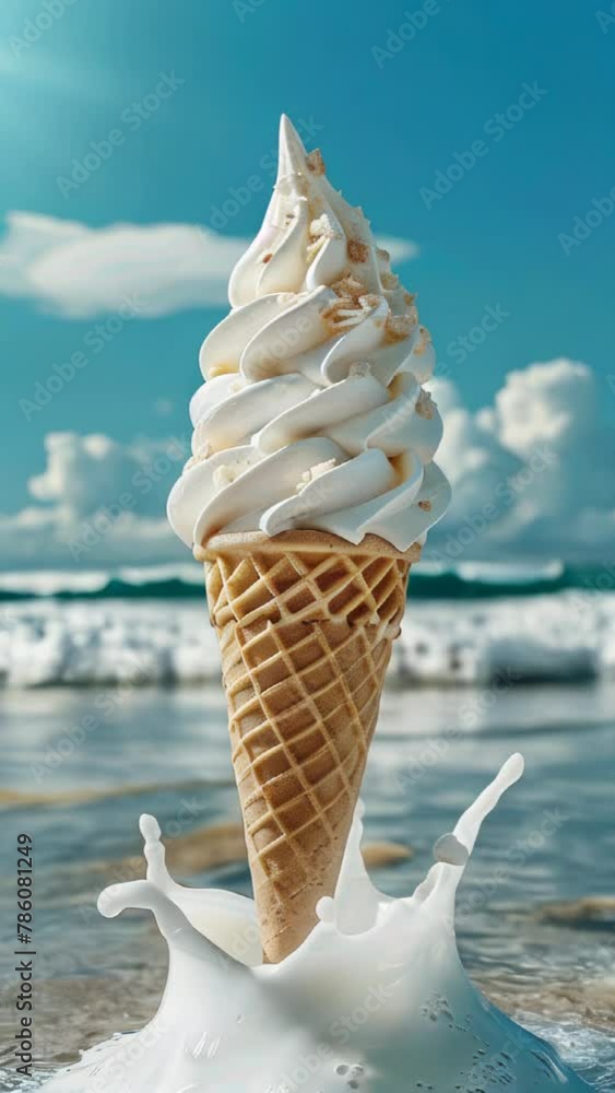Poster a white ice cream cone with a splash of milk on the ground. concept of fun and playfulness, as the i