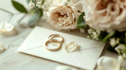 Wedding card in white colors with flowers and wedding ring, 