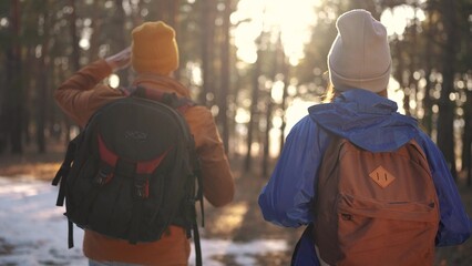 two hiker work as a team. with backpacks walking in winter in a forest park in the sunny glare at...