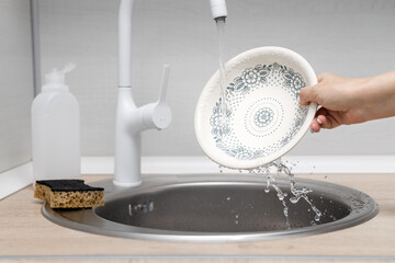 housewife washes a plate in the kitchen sink