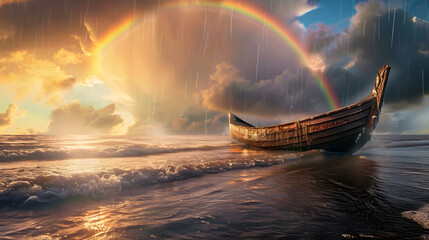 Arche Noah im Meer mit Regenbogen - obrazy, fototapety, plakaty