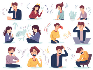 Mental health and psychology set. Different mental health problems, psychological disorders, treatment techniques. Modern flat illustrations