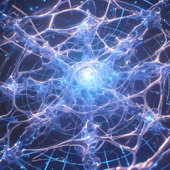 Bright Blue Network of Neurons in 3D Rendering