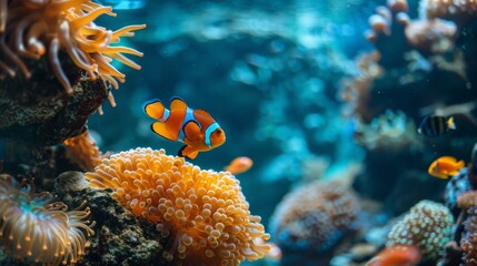 A clownfish swims near an anemone in a coral reef.