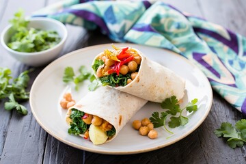 Vegan breakfast burritos with kale, chickpeas, quinoa and pickled chili