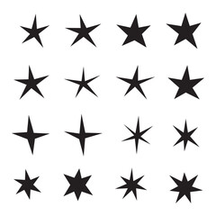 Set of hand drawn star icons. Stars of different shapes, a set of templates for greeting card, poster.