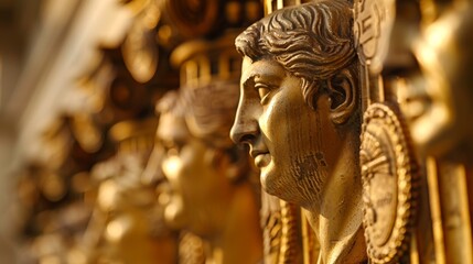 Fototapeta na wymiar A golden sculpture of a Roman emperor with a laurel wreath on his head