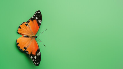 An orange and black butterfly perfectly centered on a green background, evoking feelings of balance...