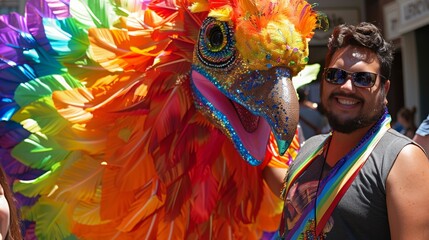 A man with sunglasses poses next to a rainbow-colored phoenix puppet at a pride parade.