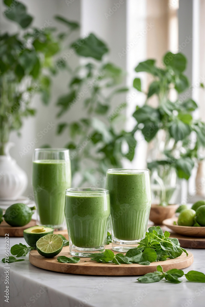 Sticker green detox smoothies with fresh green leafy vegetables. healthy food.