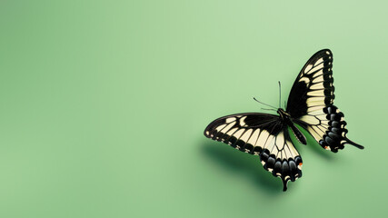 Majestic swallowtail butterfly with elaborate patterns on its wings over a minimalist green...
