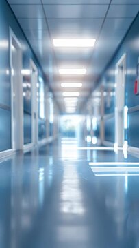 A long hallway with blue walls and white doors. The hallway is empty and the light is on
